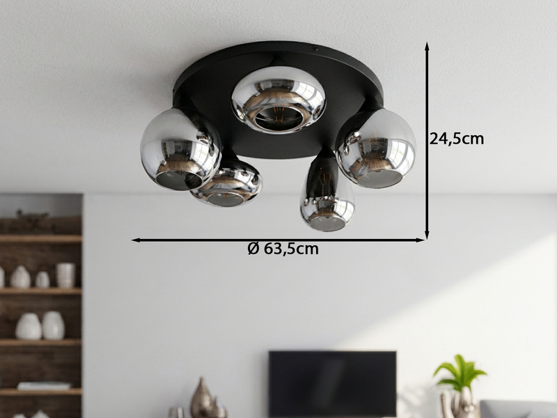 Große Retro LED Deckenleuchte mit 5 Glasschirmen Chrom Ø 63,5cm