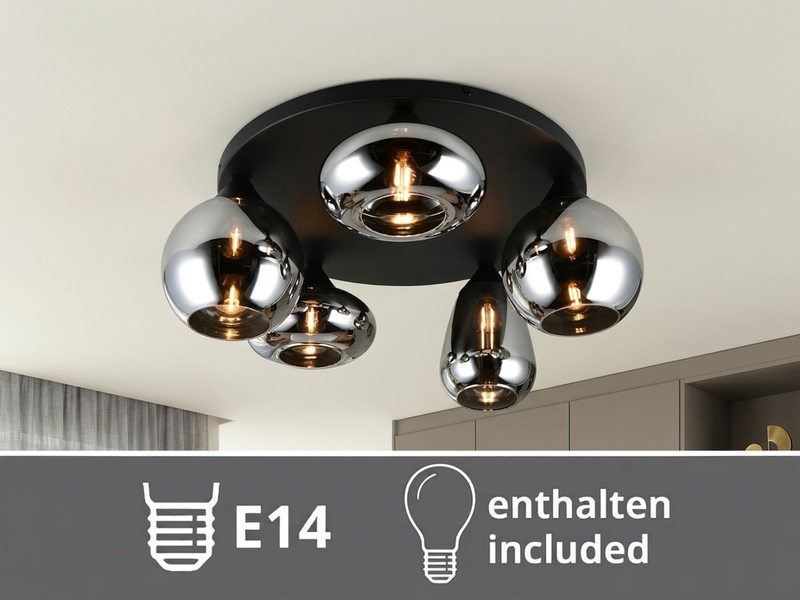 Große Retro LED Deckenleuchte mit 5 Glasschirmen Chrom Ø 63,5cm