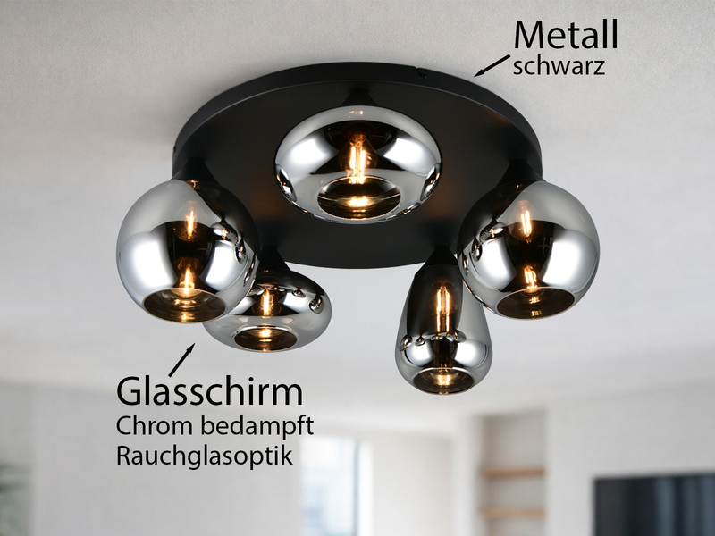 Große Retro LED Deckenleuchte mit 5 Glasschirmen Chrom Ø 63,5cm