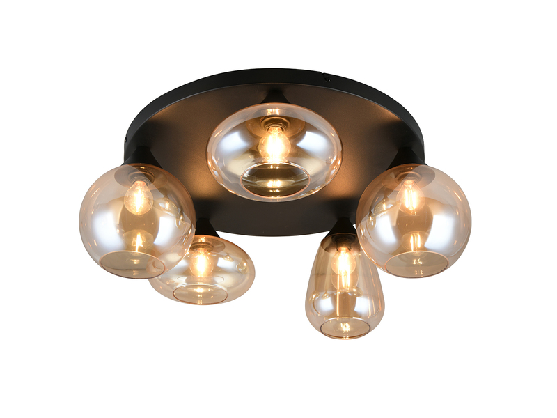 Fünfflammige Deckenleuchte mit amberfarbigen Glaslampenschirmen - Freistelleransicht