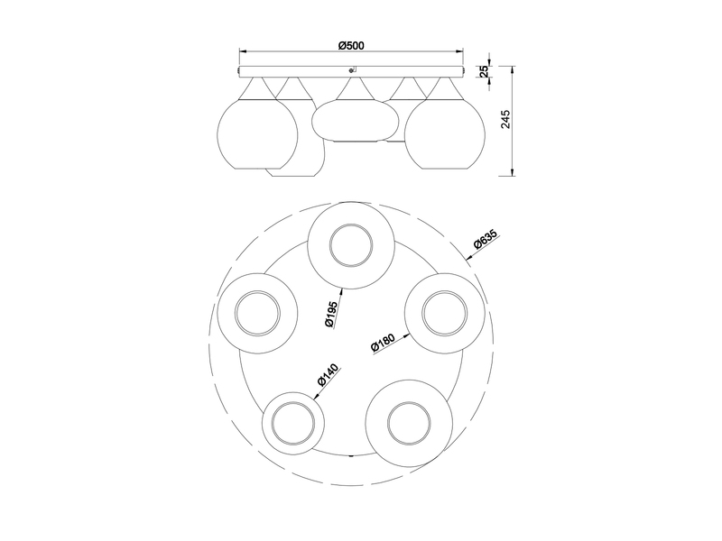 Detaillierte Maßzeichnung der fünfflammigen Deckenleuchte