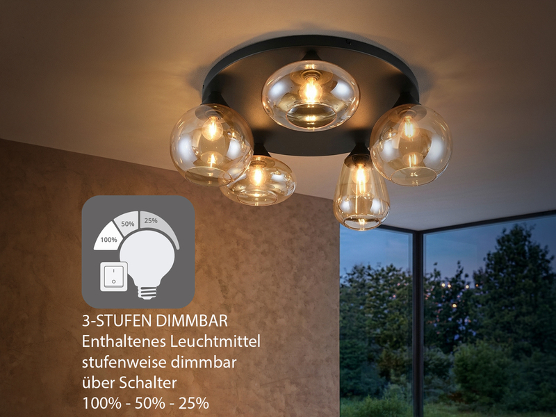 Große Retro LED Deckenleuchte mit 5 Glasschirmen Amberfarbig Ø 63,5cm