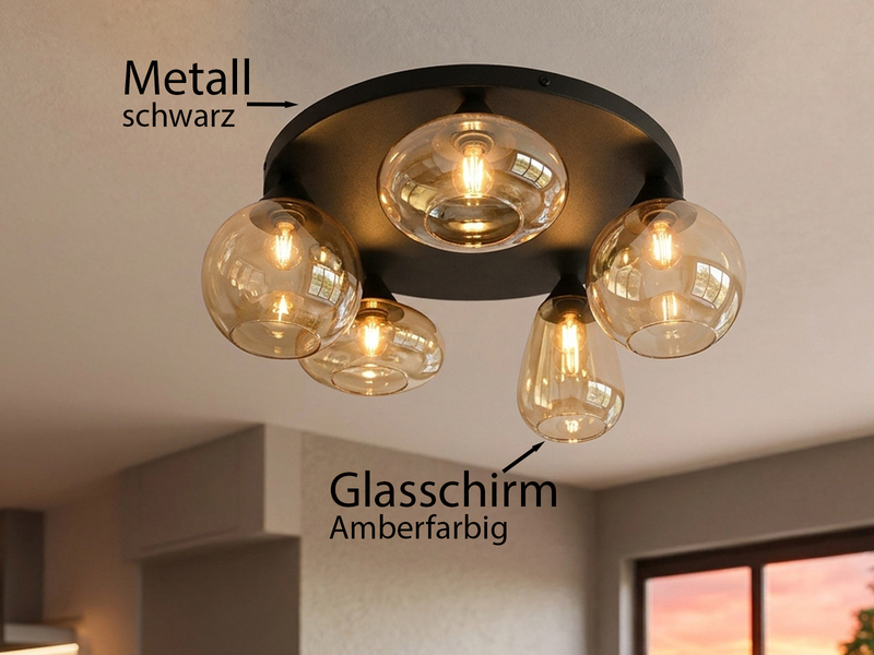 Große Retro LED Deckenleuchte mit 5 Glasschirmen Amberfarbig Ø 63,5cm