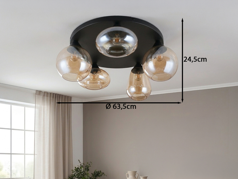 Große Retro LED Deckenleuchte mit 5 Glasschirmen Amberfarbig Ø 63,5cm