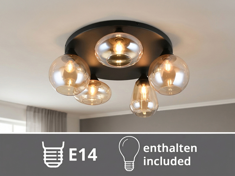 Große Retro LED Deckenleuchte mit 5 Glasschirmen Amberfarbig Ø 63,5cm