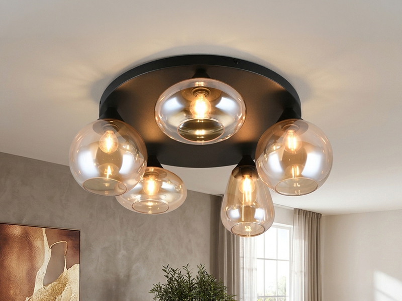 Große Retro LED Deckenleuchte mit 5 Glasschirmen Amberfarbig Ø 63,5cm