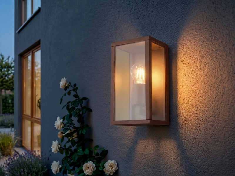 Moderne LED Außenwandleuchte in Rostoptik mit Glas, Höhe 26cm