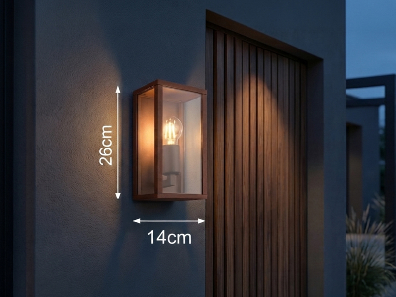 Moderne LED Außenwandleuchte in Rostoptik mit Glas, Höhe 26cm