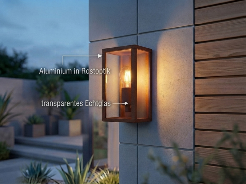 Moderne LED Außenwandleuchte in Rostoptik mit Glas, Höhe 26cm