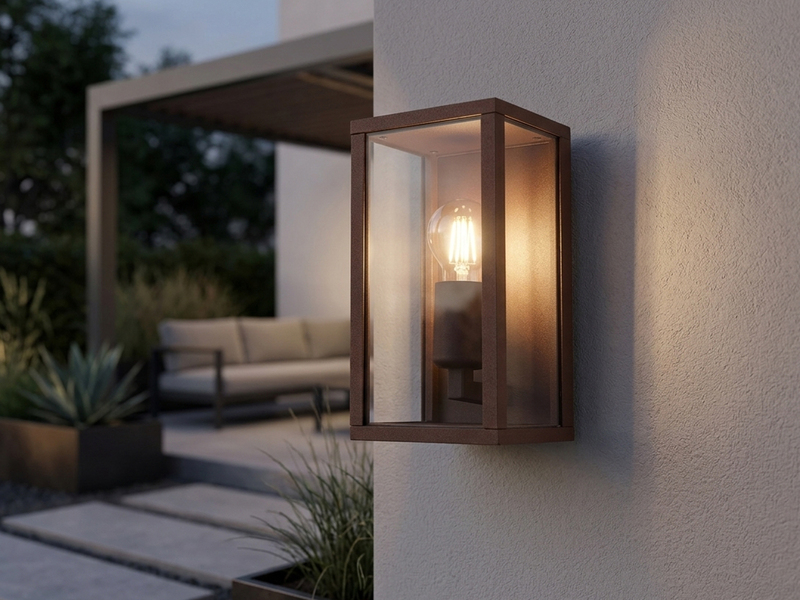 Moderne LED Außenwandleuchte in Rostoptik mit Glas, Höhe 26cm