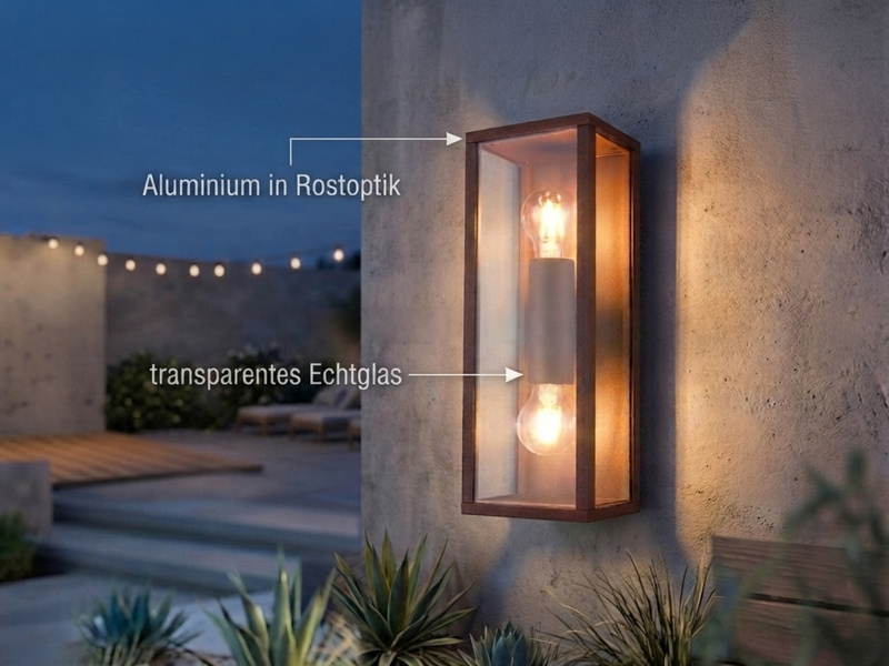 Up & Down LED Außenwandleuchte in Rostoptik mit Glas, Höhe 38cm