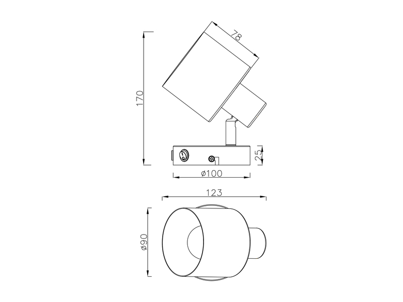 Detaillierte Maßzeichnung der 1-flammigen Wandleuchte