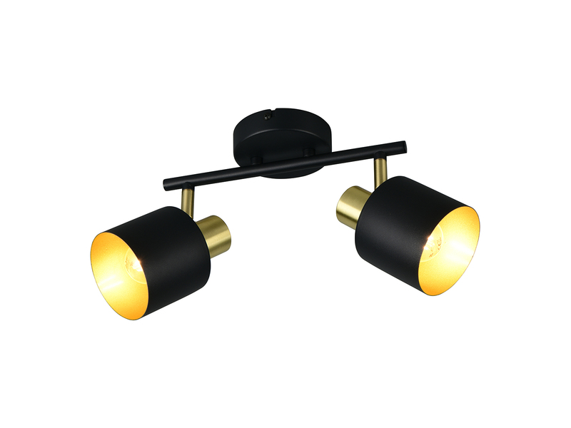 Schwarzer 2-flammiger Deckenstrahler mit goldfarbenen Innenschirmen - Freistelleransicht