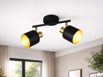 Retro Deckenstrahler 2-flammig Schwarz Gold - im Wohnzimmer an der Decke