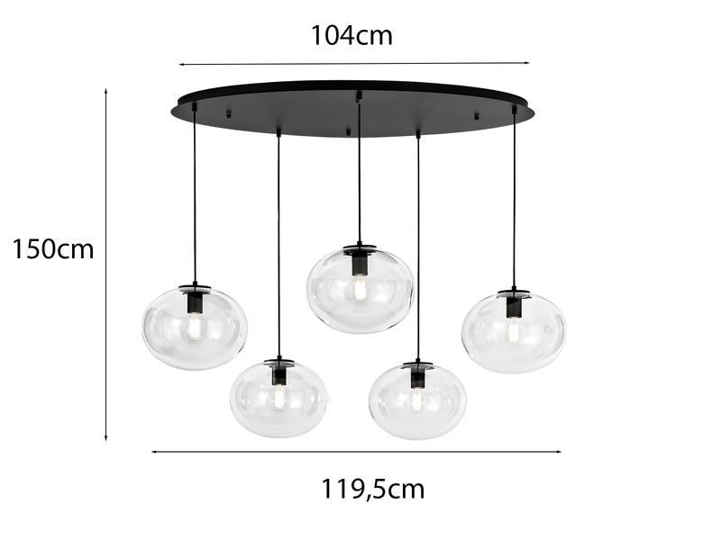 Pendelleuchte GALAXY fünfflammig Kugel Glasschirme transparent Breite 119,5cm