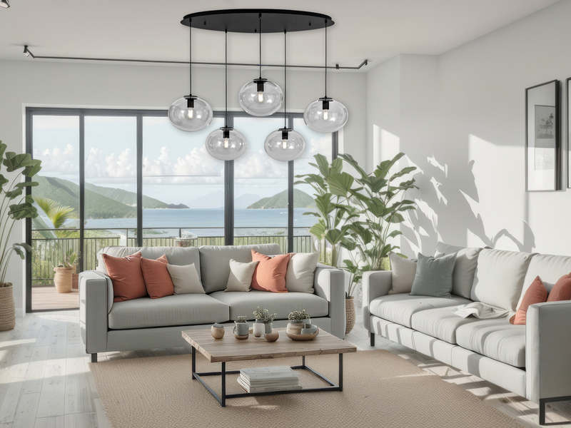 Pendelleuchte GALAXY fünfflammig Kugel Glasschirme transparent Breite 119,5cm