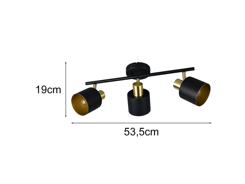 Bemaßung 3-flammiger Deckenstrahler: 19cm hoch 53,5cm breit 