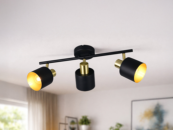 Retro Deckenstrahler 3-flammig Schwarz Gold - im Wohnzimmer an der Decke