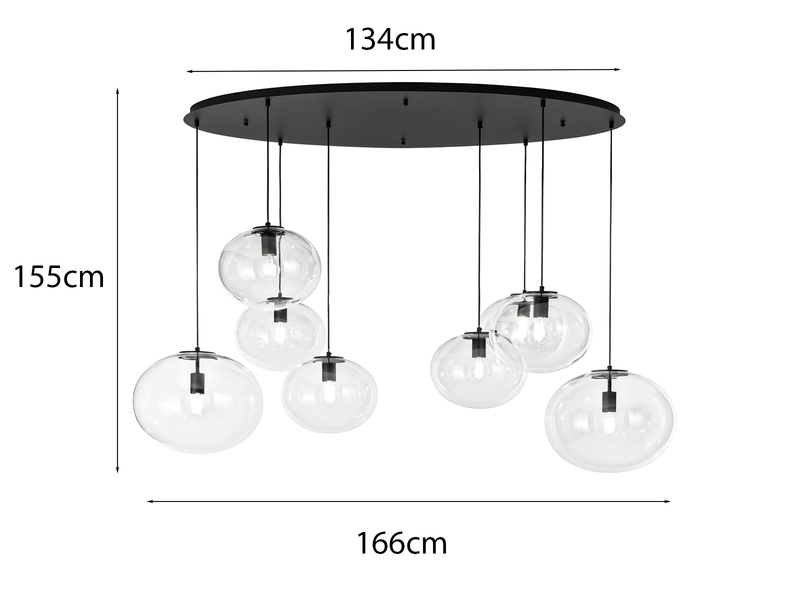 Pendelleuchte GALAXY achtflammig Kugel Glasschirme transparent Breite 166cm