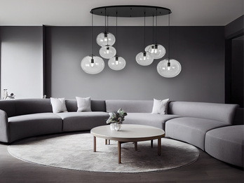 Pendelleuchte GALAXY achtflammig Kugel Glasschirme transparent Breite 166cm