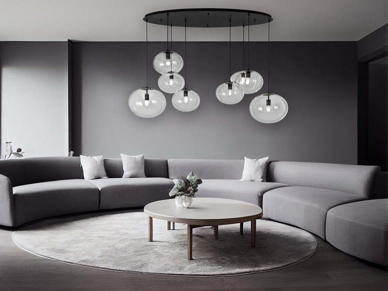 Pendelleuchte GALAXY achtflammig Kugel Glasschirme transparent Breite 166cm