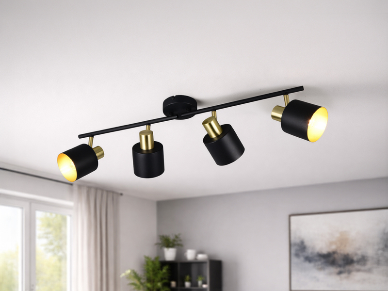 Retro Deckenstrahler 4-flammig Schwarz Gold - im Wohnzimmer an der Decke