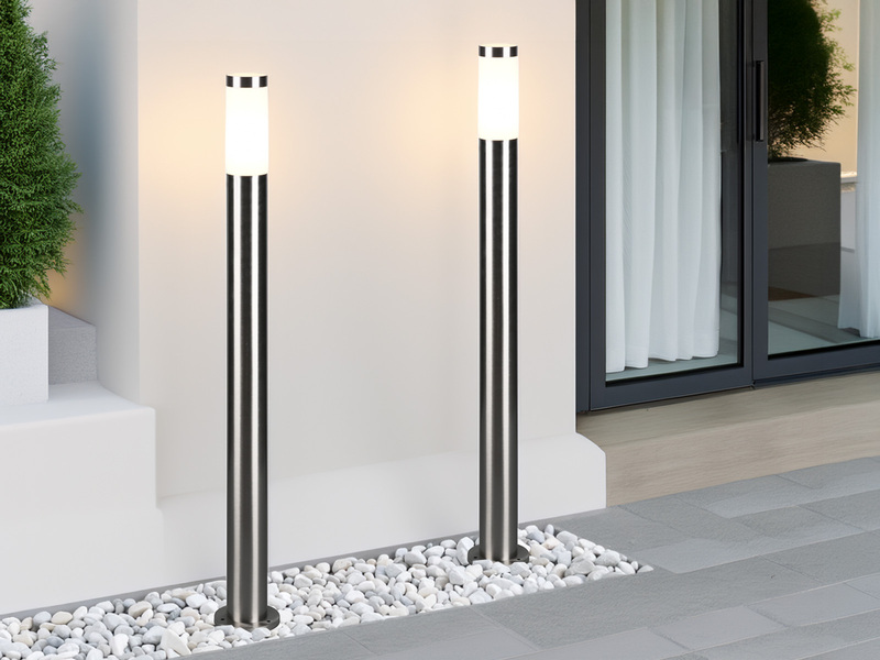 Moderne Pollerleuchte TRIOTO aus Edelstahl in Silber, Höhe 80cm