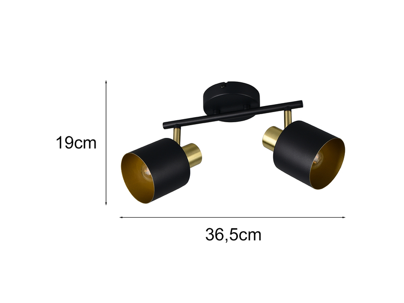 Bemaßung 2-flammiger Deckenstrahler: 19cm hoch 36,5cm breit