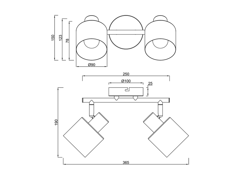 Detaillierte Maßzeichnung des 2-flammigen Deckenstrahlers