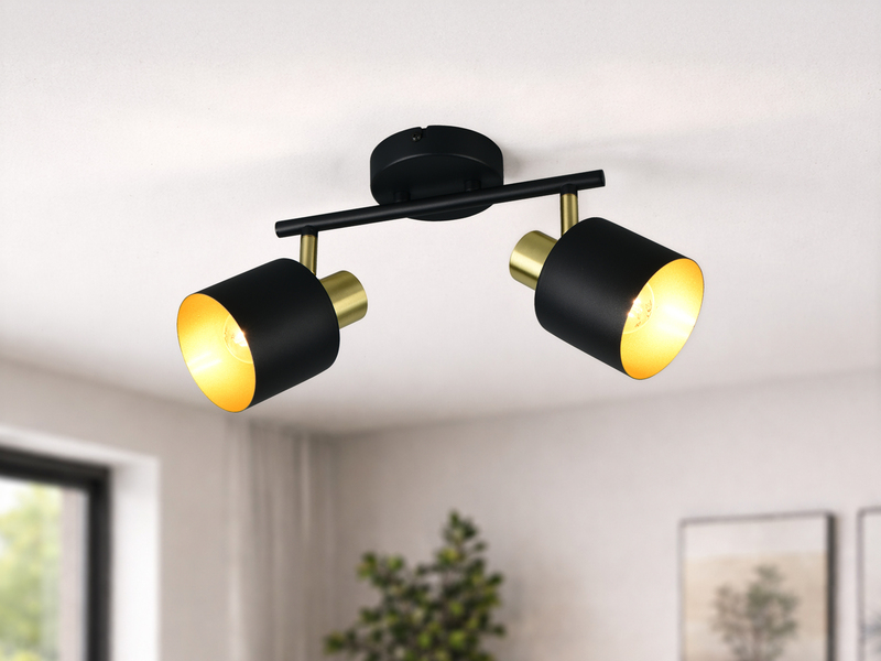 Retro Deckenstrahler 2-flammig Schwarz Gold - im Wohnzimmer an der Decke