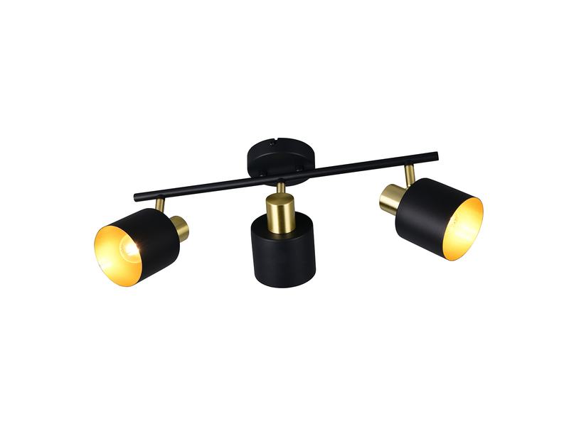 Schwarzer 3-flammiger Deckenstrahler mit goldfarbenen Innenschirmen - Freistelleransicht