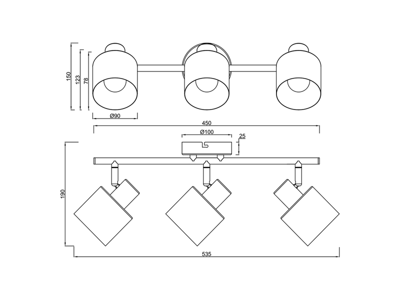 Detaillierte Maßzeichnung des 3-flammigen Deckenstrahlers