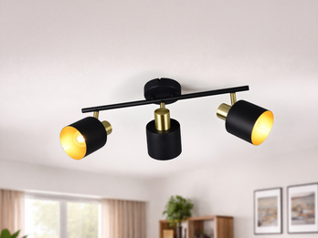 Retro LED Deckenstrahler 3-flammig aus Metall Schwarz Gold, Breite 53,5cm