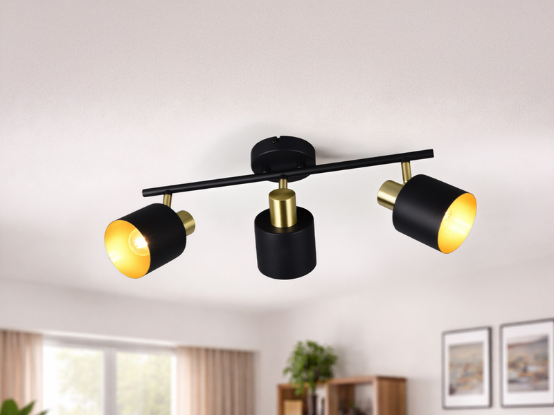 Retro LED Deckenstrahler 3-flammig aus Metall Schwarz Gold, Breite 53,5cm