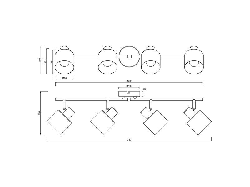Detaillierte Maßzeichnung des 4-flammigen Deckenstrahlers