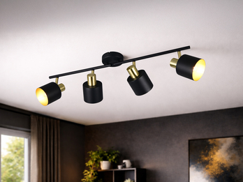 Retro Deckenstrahler 4-flammig Schwarz Gold - im Wohnzimmer an der Decke