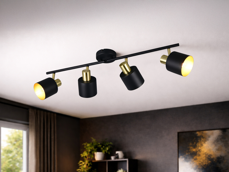 Retro Deckenstrahler 4-flammig Schwarz Gold - im Wohnzimmer an der Decke