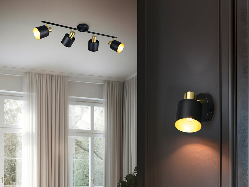 4-flammiger Deckenstrahler an der Decke montiert und 1-flammiger Wandstrahler an der Wand als Serienbild