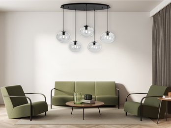 LED Pendelleuchte fünfflammig Kugel Glasschirme transparent Breite 119,5cm