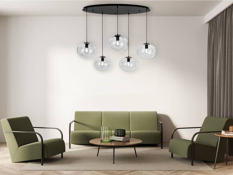 LED Pendelleuchte fünfflammig Kugel Glasschirme transparent Breite 119,5cm