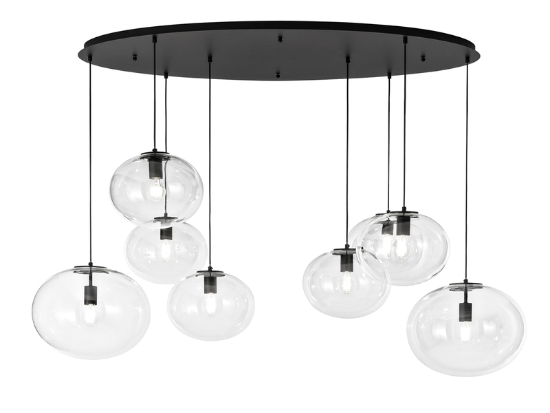 Große LED Pendelleuchte achtflammig Kugel Glasschirme transparent Breite 166cm
