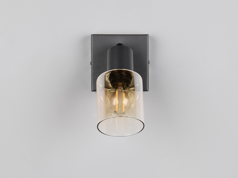 Wandstrahler mit amberfarbigem Glasschirm und schwarzer Montageplatte an der Wand montiert Frontalansicht