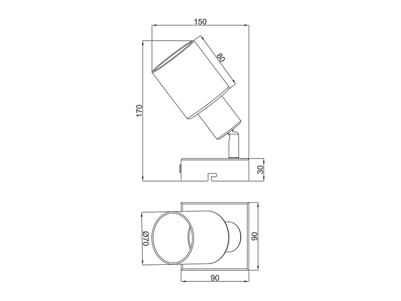 Detaillierte Maßzeichnung des einflammigen Wandstrahlers