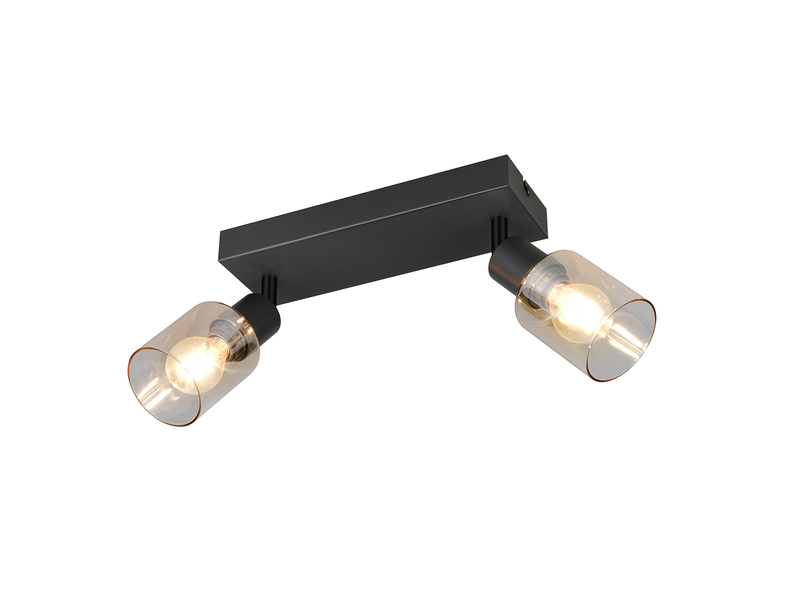 2-flammiger Deckenstrahler mit amberfarbigen Glasschirmen und schwarzer Montageplatte - Freistelleransicht