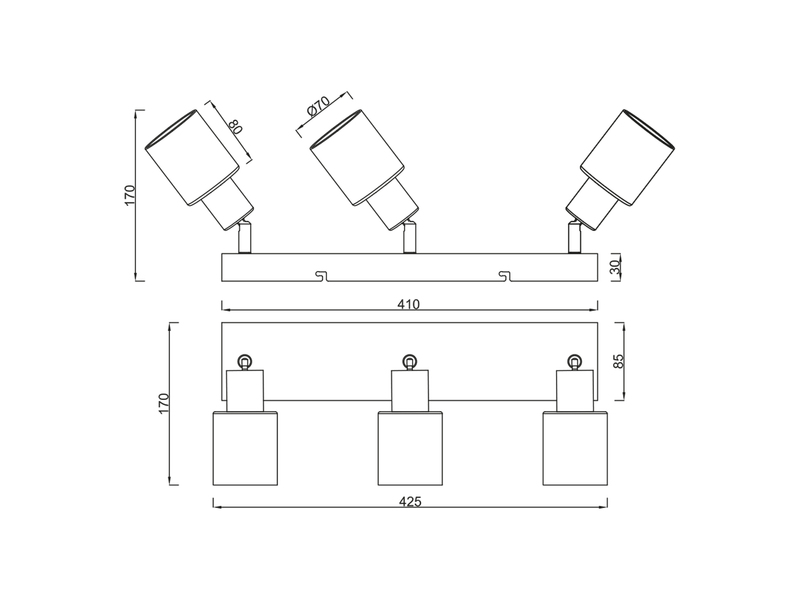 Detaillierte Maßzeichnung des dreiflammigen Deckenstrahlers