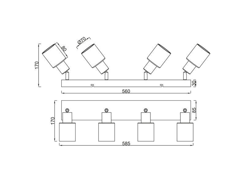Detaillierte Maßzeichnung des vierflammigen Deckenstrahlers