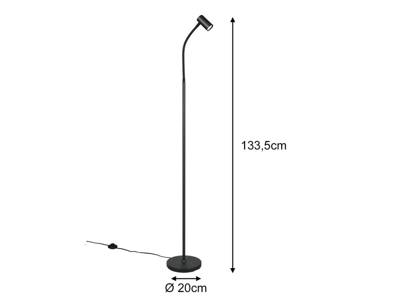 Schmale Stehlampe TARYN Schwarz mit flexibel einstellbarem Spot, Höhe 133,5cm