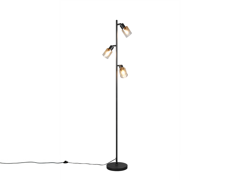 Stehlampe mit schwarzem Fuß und drei amberfarbigen Glas Spots - Freistelleransicht