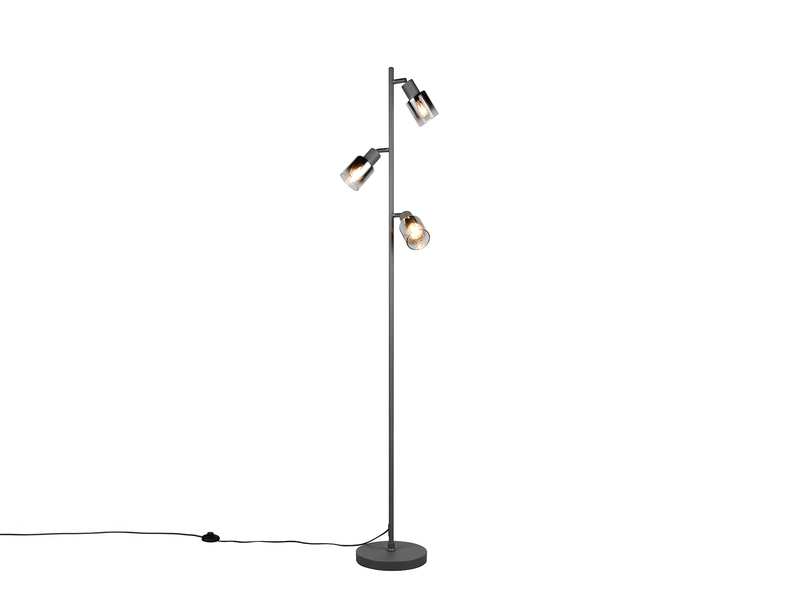 Stehlampe mit schwarzem Fuß und drei Chrom Glas Spots - Freistelleransicht