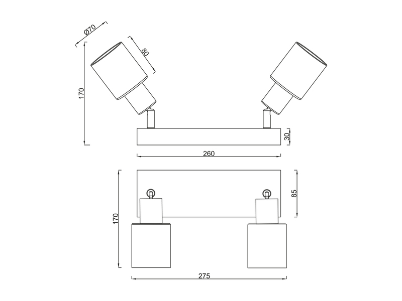 Detaillierte Maßzeichnung des zweiflammigen Deckenstrahlers